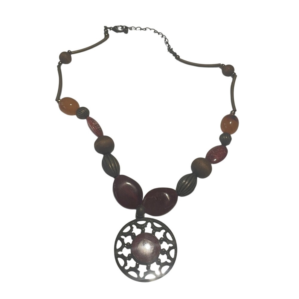 Boho Beaded Necklace Bronze Tone Medallion Pendant Statement Jewelry